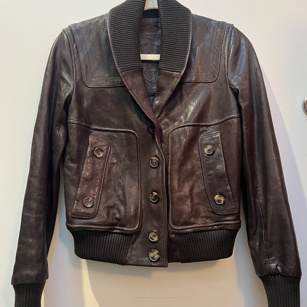 Bally Dark Brown Leather Bomber Jacket with Ribbed Shawl Collar